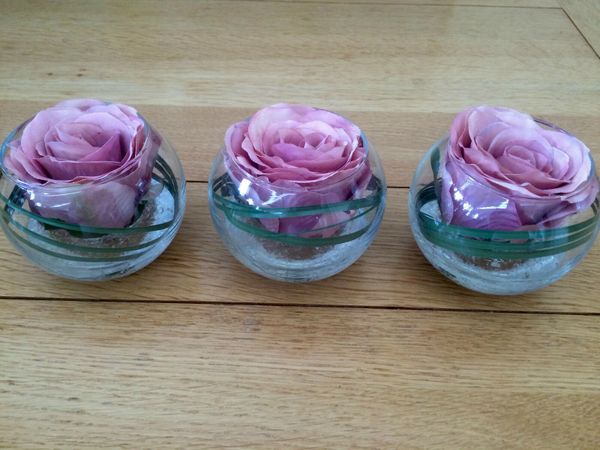 MODERN SET OF 3 VINTAGE PINK ROSE & GRASS ARTIFICIAL FLOWER ARRANGEMENTS IN GLASS BOWLS