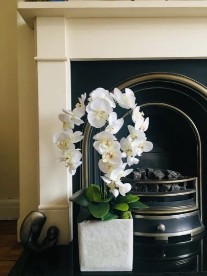 Large Deluxe Ivory Orchid With Leaves, In Natural Stone Concrete Cube Planter
