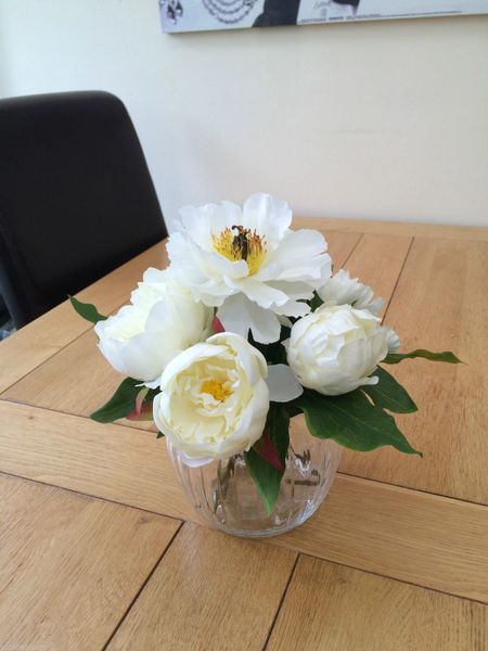 Shabby Chic Ivory Peony Arrangement In Pretty Glass Vase With Water