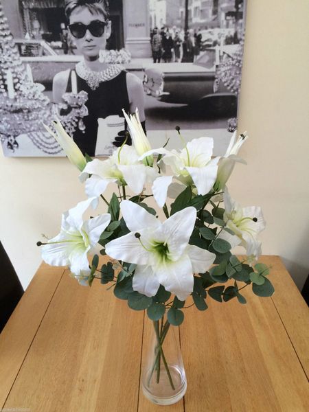 Large Artificial Flower Vase Arrangement Ivory Lily And Eucalyptus In