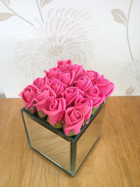 Cerise Pink Sweetheart Foam Rose Cluster Mirror Cube