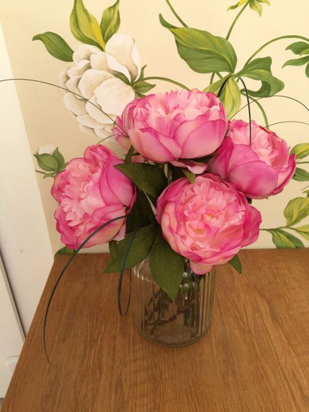 Shabby Chic Pink Peony Artificial Flower Arrangement And Water In Retro