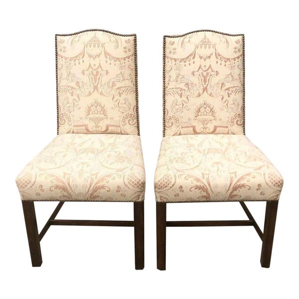 Pair of Fortuny Upholstered Antique Chinese Chippendale Designer Chairs