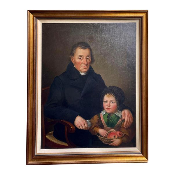 Antique 19th C Library Portrait Oil Painting - Father Daughter