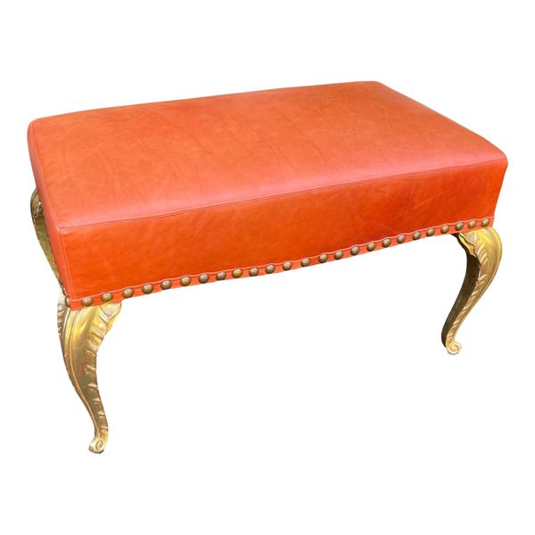 French Deco Gilt-Wood Palm Leaf Orange Leather Bench by Randy Esada Designs