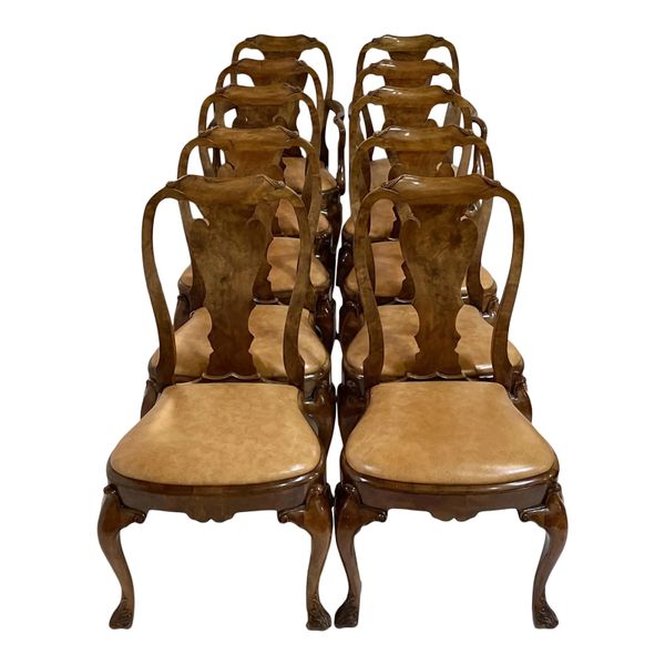 George III Style Burton Ching Burl Walnut Dining Chairs - Set of 10