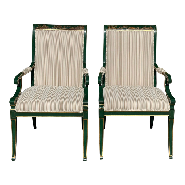 Pair of Karges Green Chinoiserie Fauteuil Arm Chairs W Scalamandre Stripe