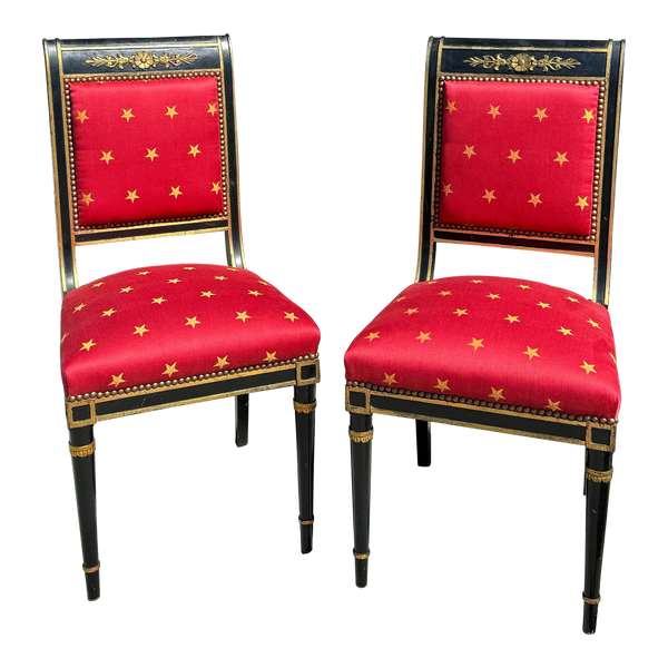 Pair of Antique Empire Black & Gold Chairs W Red Clarence House Seats