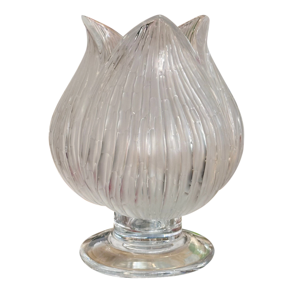 Signed Lalique French Crystal Three Petal Footed Flower Vase