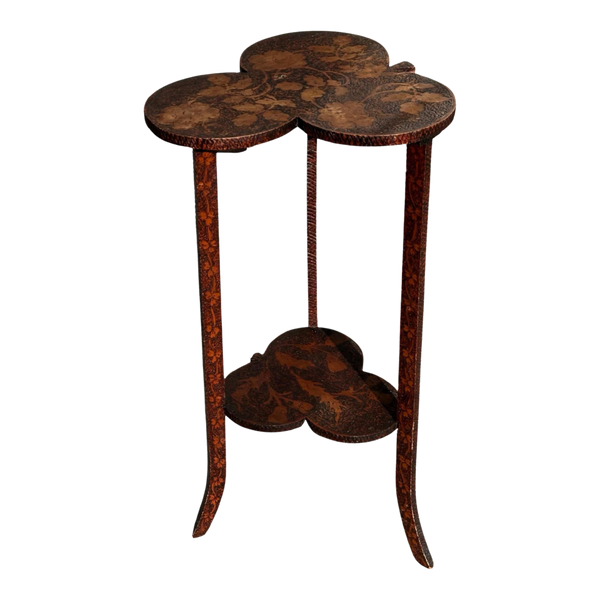 Antique Pyrography Clover Form Two Tiered Side Table
