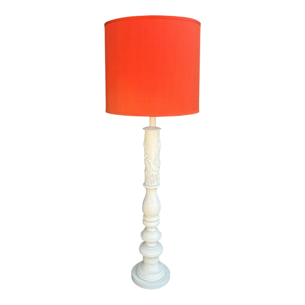 Mid Century Modern Carved Dragon White Lacquer Floor Lamp W Orange Shade