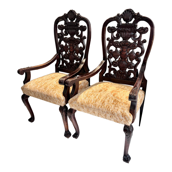 Pair of Antique Portuguese Arm Chairs W Fortuny Seats