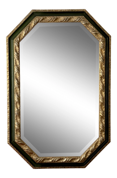 Hand Carved Ebanista White Gold & Dark Green Octagonal Mirror