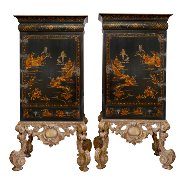 Hendrix Allardyce 18c Style Georgian Black Chinoiserie Cabinets on Giltwood Stands - a Pair