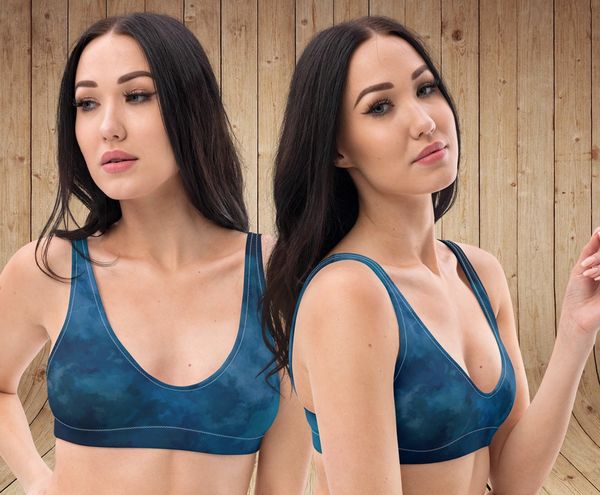 Watercolor WILD Blue Lightly Padded Bikini Top, UPF 50