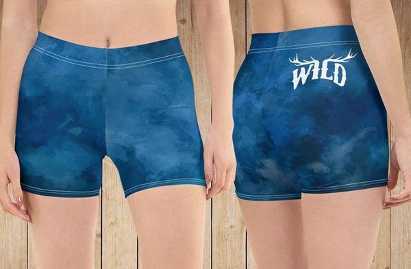 Blue Watercolor WILD Fitted Shorts,UPF 50, Swim / Workout, Option to add Wide Waistband