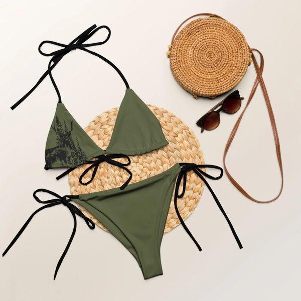 OD Green Woodland Lightly Padded String Bikini, UPF 50, NEW