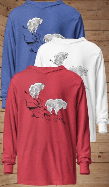 Mountain Goat, Lightweight T-Shirt Hoodie, Heather Red, White or Blue NEW