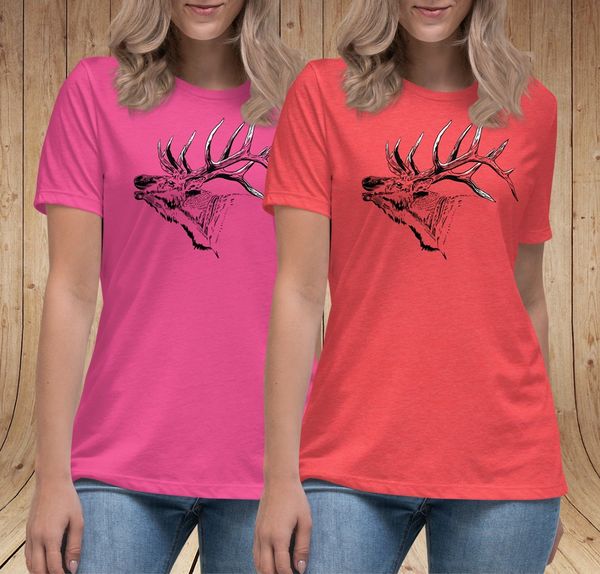 Bugling Elk Relaxed Fit T Shirt in Heather Hot Pink, Heather Cherry, XS-3XL, NEW