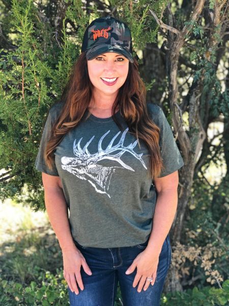Elk Logo Relaxed Fit T Shirt, White Graphic on Heather Forest or Black, XS-4XL, NEW