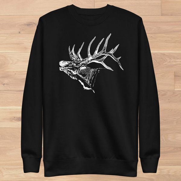 Bugling Elk Sweatshirt, White Graphic, Black, S-3XL, NEW
