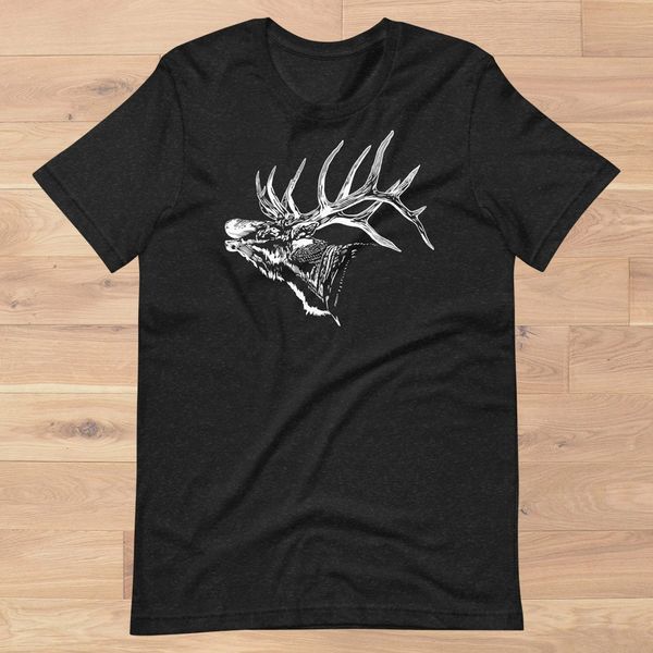 Men's Bugling Elk Relaxed Fit T Shirt, White Graphic on Heather Forest or Heather Black