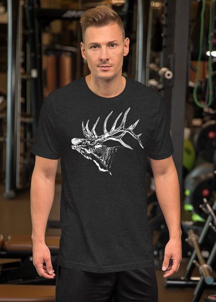 Men's Bugling Elk Relaxed Fit T Shirt, White Graphic on Heather Forest or Heather Black