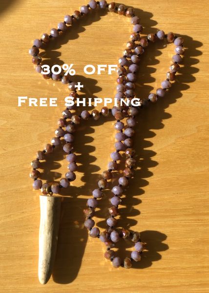 SALE 30% OFF, Antler Necklace, Lavender Iridescent Beads with Deer Tine, FREE Shipping