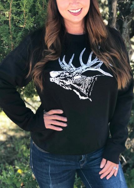 Elk Sweatshirt, White Graphic, Black, S-3XL, NEW