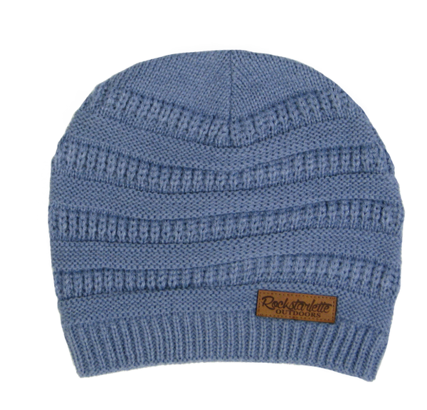 Slate Blue Cable Knit Slouch Beanie with Leather Patch