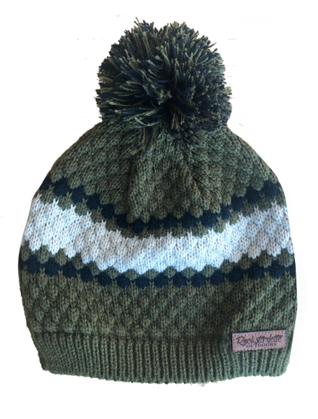 Diamond Knit Beanie in Olive and Ivory with Pom Pom and Leather Patch, NEW