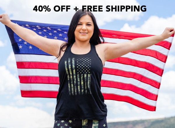 40% OFF + FREE Shipping, Camo Flag, Flowy, Relaxed Waist Racerback Tank