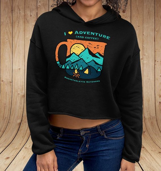 I Love Adventure (and Coffee), CROPPED Fleece Lined Pullover Hoodie, Black