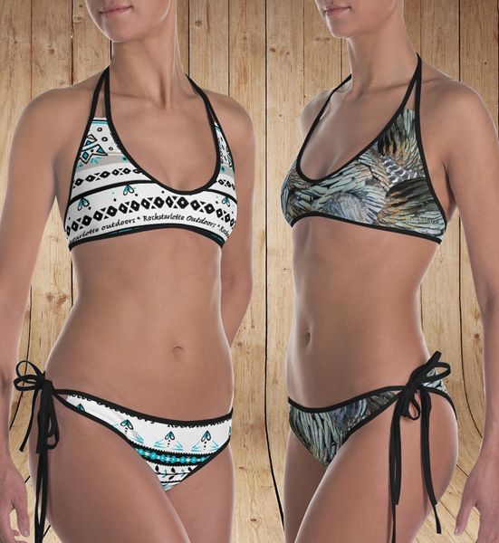 Reversible Bikini, Turkey Feather Pattern and Tattoo Pattern, 2 Bikinis For the Price of 1