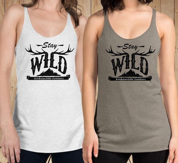Stay Wild Racerback Tank Top, Long Waist, Relaxed Fit, Heather White or Heather Taupe