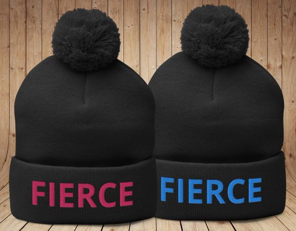 Knit Hat with Pom Pom, FIERCE, Hot Pink or Blue Logo
