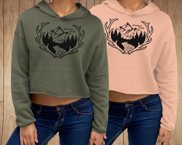 Adventure Awaits Fleece Lined CROPPED Hoodie, Olive or Peach