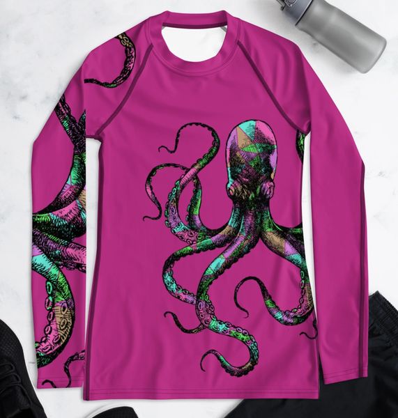 SALE 20% OFF, UPF 40, Sun Shirt/Rash Guard: Octopus Logo, Hot Pink