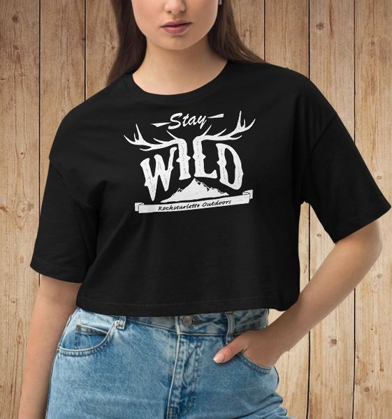 Stay Wild Drop Shoulder Crop Top T shirt, Black