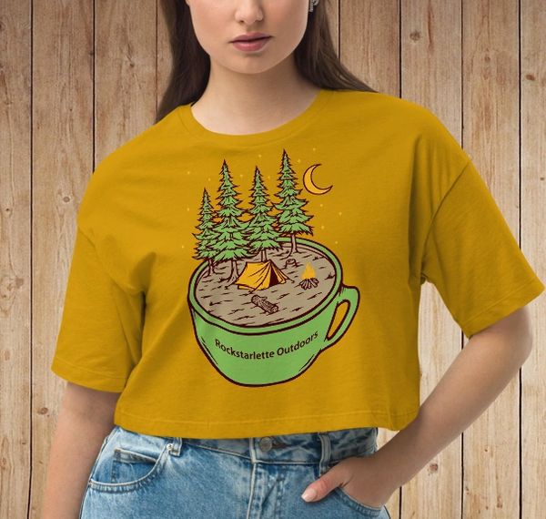 Cup of Camping, Relaxed Fit, Drop Shoulder, Crop Top T shirt, Maize