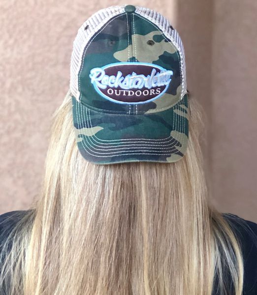 SOLD OUT Camo Rockstarlette Outdoors Logo Mesh Back Hat, Restock 6/30