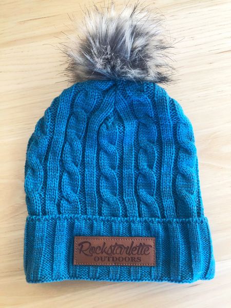 Cable Knit Hat with Faux Fur Pom Pom, Leather Patch, Blue, NEW!