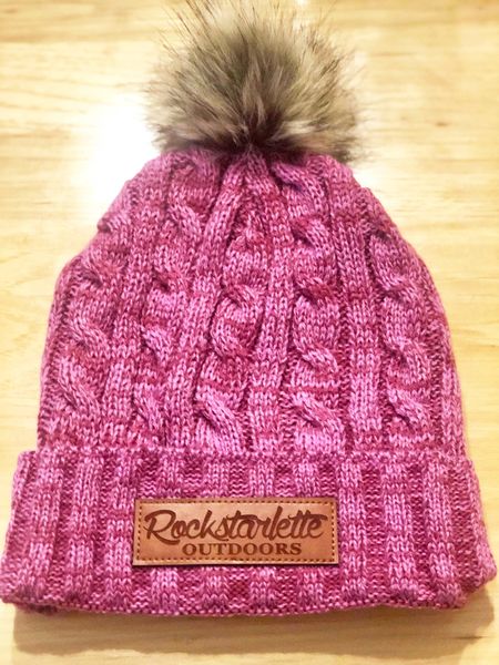 SALE 50% OFF, FREE Shipping, Knit Hat with Pom Pom, Leather Patch