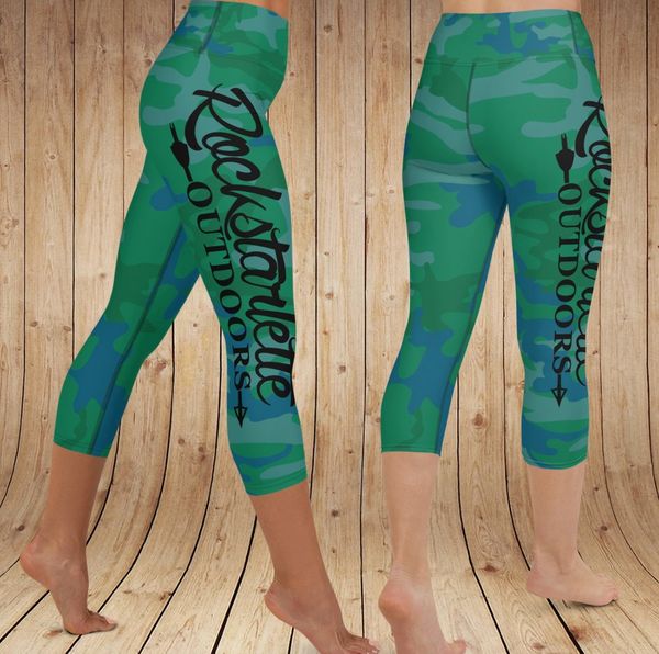 SALE 20% OFF, Green/Blue Camo Logo CAPRI Leggings, High Waistband,