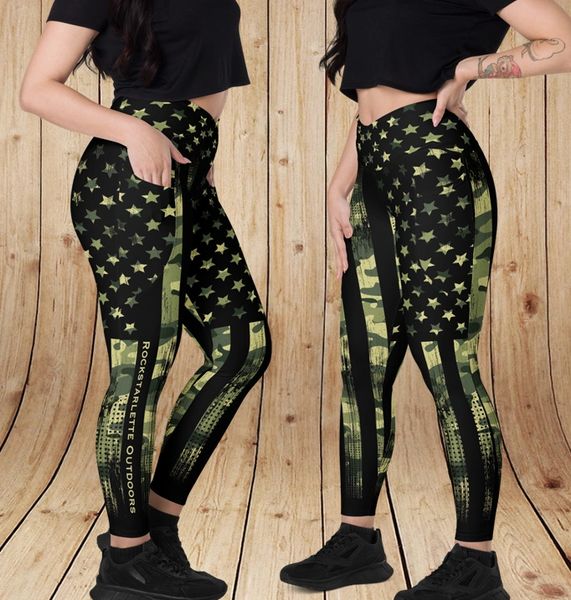 Camo Flag Crossover Leggings with Side Pockets, NEW, XS-3XL