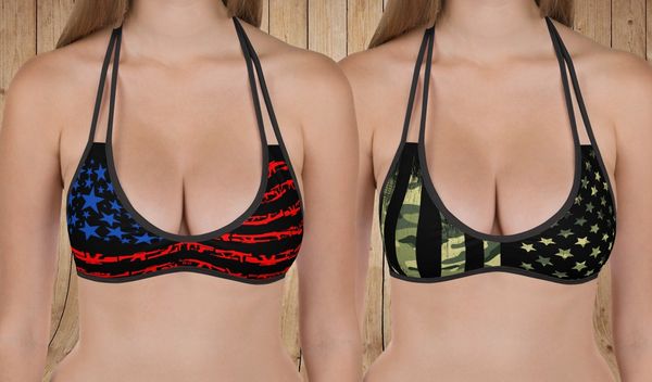 Separates: Camo Flag & 2A Gun Patriotic Reversible Bikini Top, 2 Bikini Tops in 1, NEW