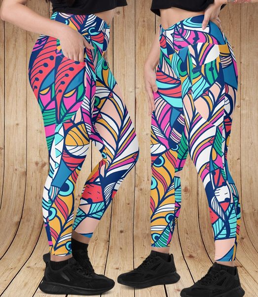 Bright Feather Crossover Leggings with Side Pockets, NEW! XS-3XL