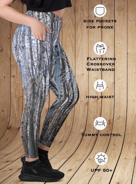 Snow Birch Leggings with Side Pockets, Crossover Waistband XS-3XL