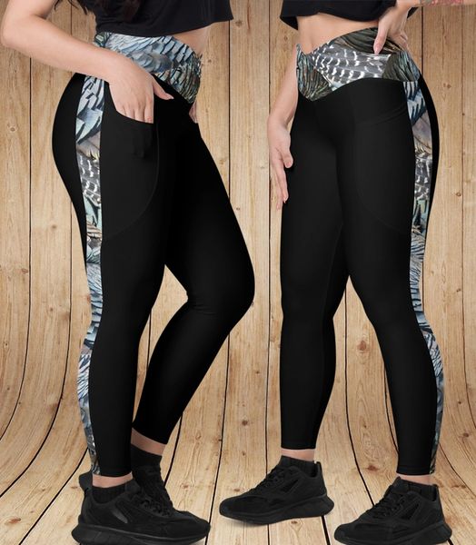 Turkey Feather Stripe Crossover Leggings with Side Pockets, NEW! XS-3XL
