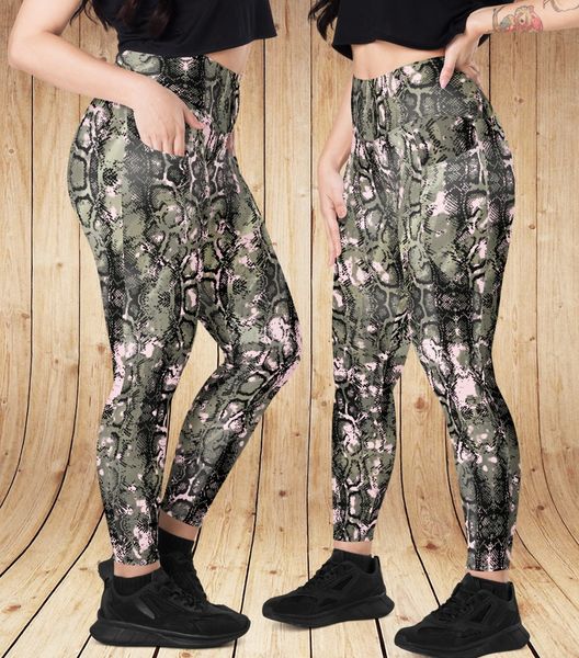 Snakeskin Leggings with Side Pockets, Crossover Waistband, XS-3XL